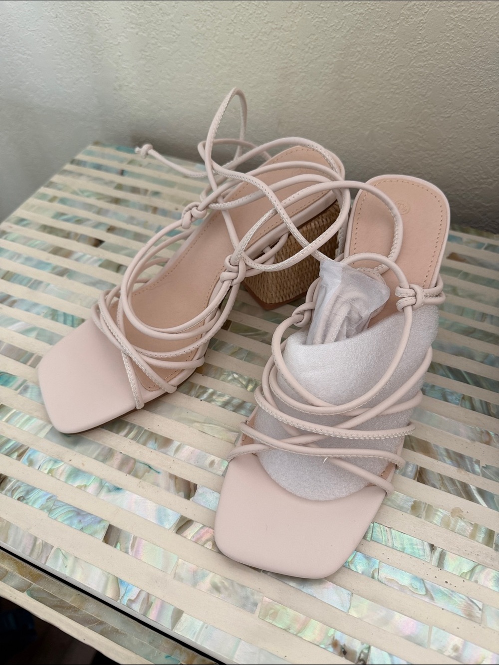 Women's Strappy Block Heel Sandals in Pale Pinky Cream 7.5 New